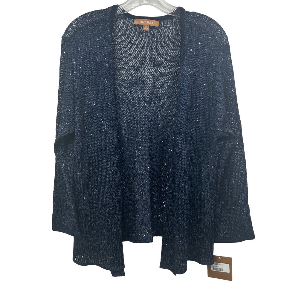 Ellen Tracy Navy Blue Sequin Open Knit Mesh Cardigan XL W7S9794WR NEW